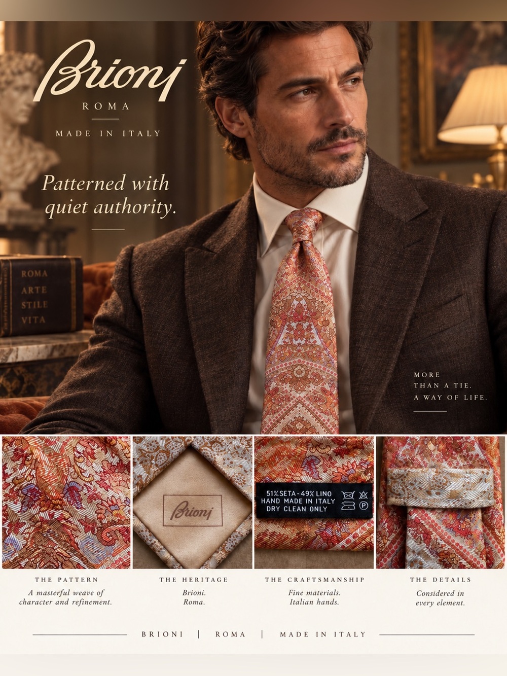 Brioni Coral and Brown Paisley Silk Tie